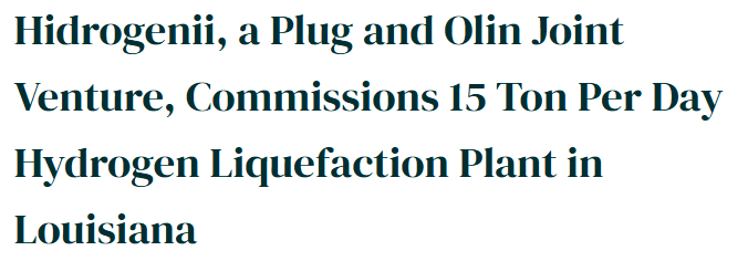 Hidrogenii, a Plug and Olin Joint Venture, Commissions 15 Ton Per Day Hydrogen Liquefaction Plant in Louisiana