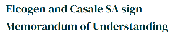 Elcogen and Casale SA sign Memorandum of Understanding