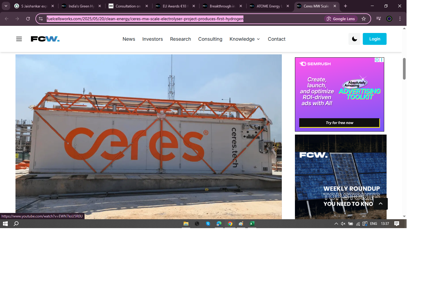 Ceres MW Scale Electrolyser Project Produces First Hydrogen