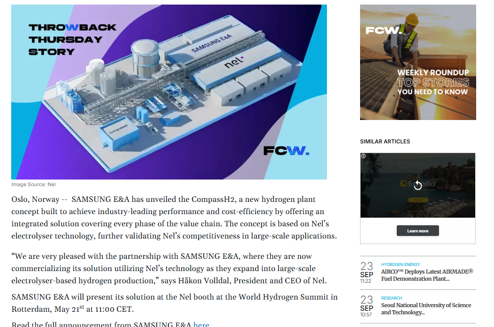 Nel ASA: SAMSUNG E&amp;A Launches Its CompassH2 Hydrogen Plant Solution, Utilizing Nel’s Alkaline Technology