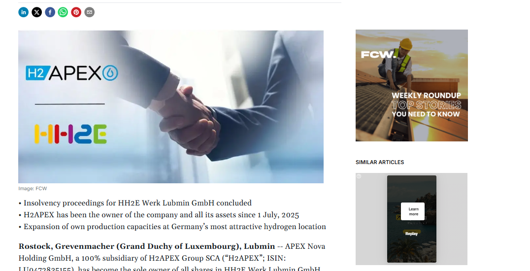 Closing of the Acquisition of HH2E Werk Lubmin GmbH: H2APEX Now Sole Owner of the Strategically Important Hydrogen Project in Lubmin
