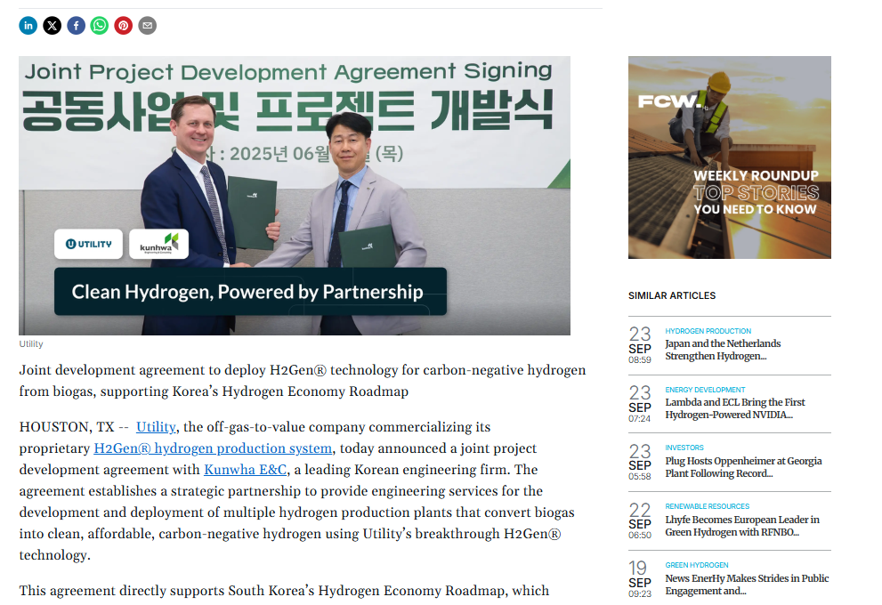 Utility and Kunwha E&amp;C Partner to Launch Clean Hydrogen Projects in South Korea