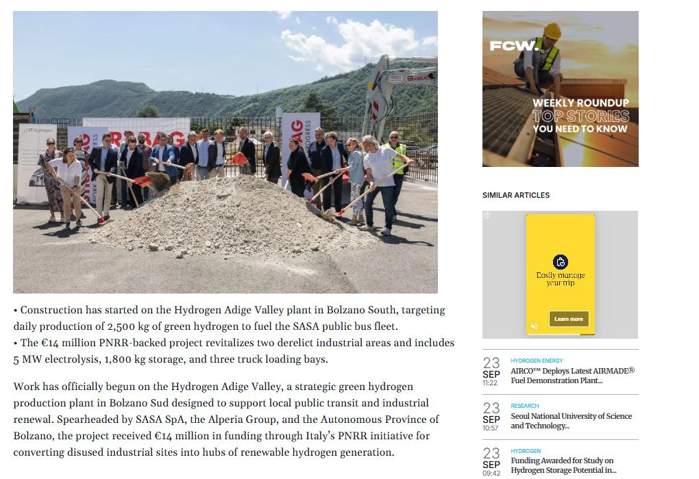 Hydrogen Adige Valley Breaks Ground in Bolzano with 5MW Green H2 Facility to Power SASA Bus Fleet
