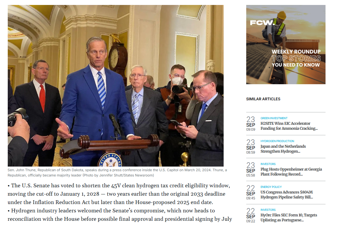 Senate Greenlights 2028 Deadline for 45V Hydrogen Tax Credit as 'Beautiful Bill' Inches Forward