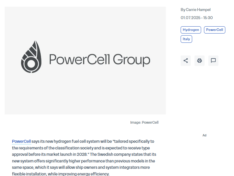 PowerCell announces first order for maritime H2 fuel cell system