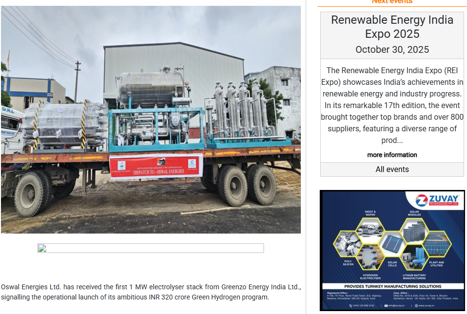 Oswal Energies Receives First 1 MW Electrolyser Stack from Greenzo Energy India