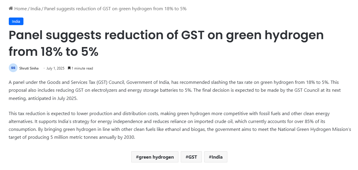 Panel suggests reduction of GST on green hydrogen from 18% to 5%