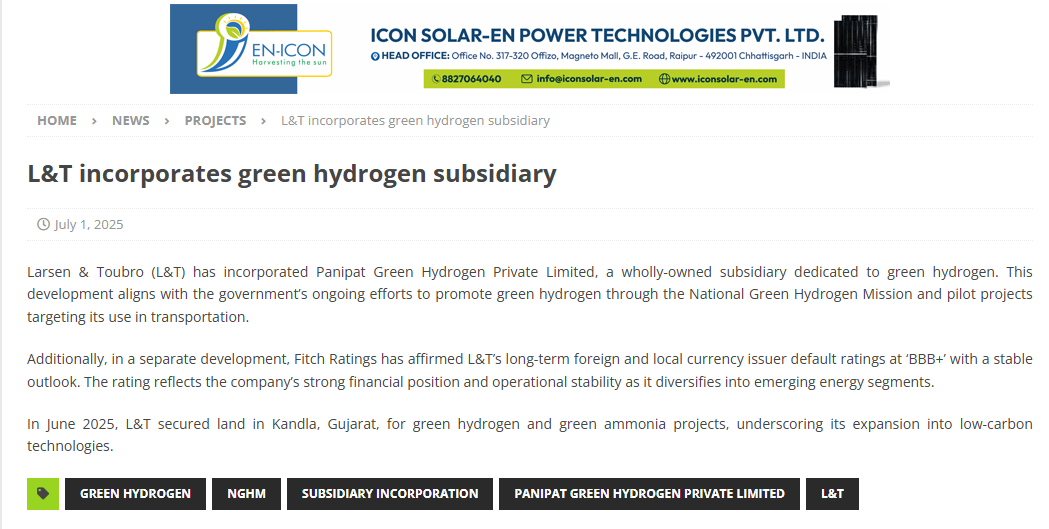 L&amp;T incorporates green hydrogen subsidiary