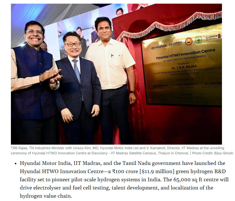 Hyundai Launches ₹100 Crore Green Hydrogen R&amp;D Hub at IIT Madras with State Support