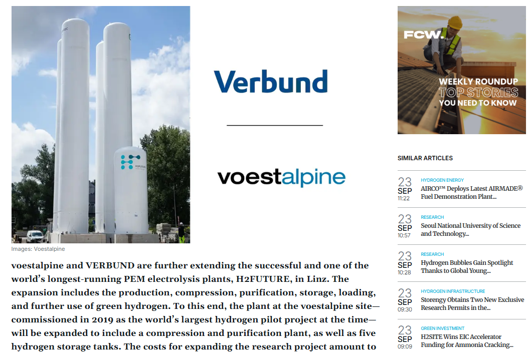 Voestalpine and VERBUND Expand the World’s Longest-Running Hydrogen Pilot Plant H2FUTURE in Linz