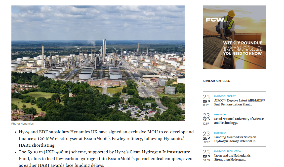 Hy24 and Hynamics UK Seal Exclusive MOU for 120 MW Fawley Green Hydrogen HAR2 Project