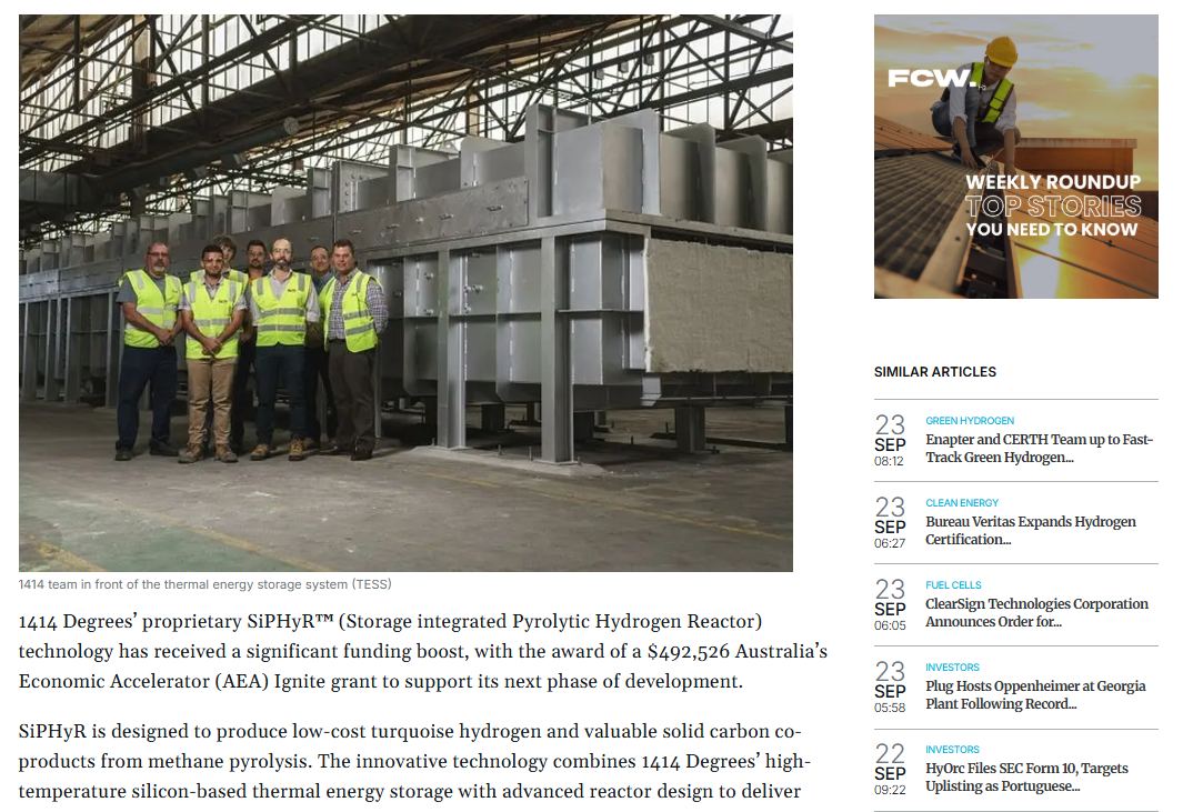 1414 Degrees Gets Boost for Proprietary Hydrogen Catalyst Tech with AU$500K Grant