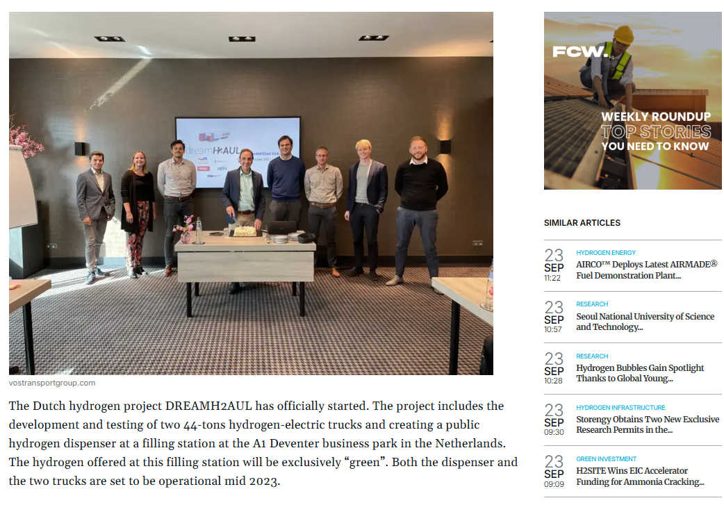 Dutch Consortium Starts Development of Hydrogen Trucks and Filling Station