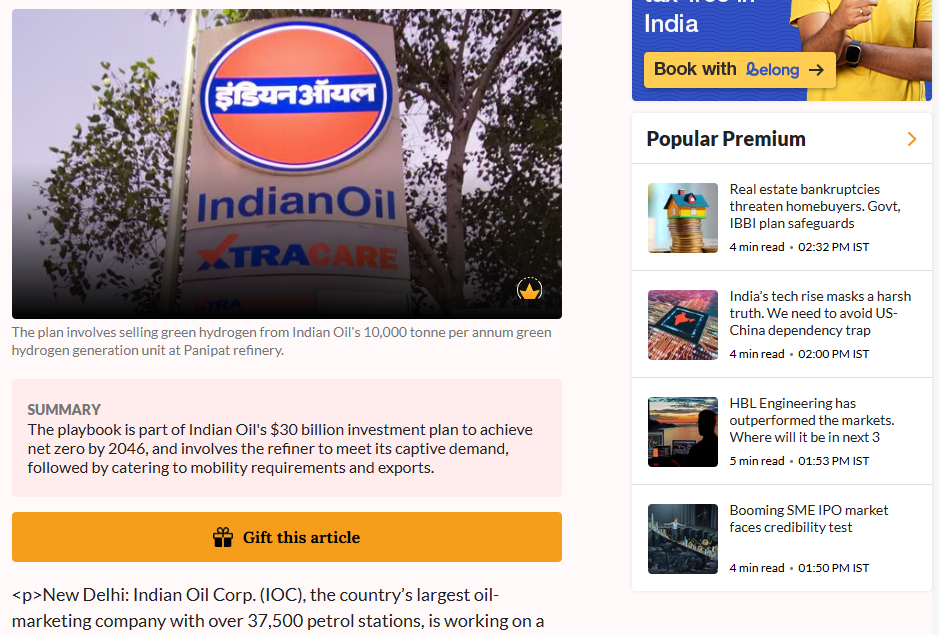 Indian Oil draws up green hydrogen fuel retail network plan