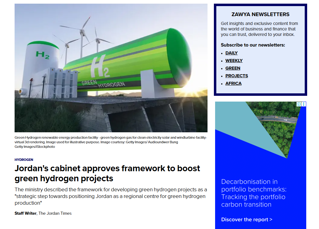 Jordan's cabinet approves framework to boost green hydrogen projects