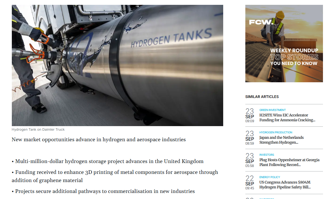 First Graphene Begins Testing Graphene-Based Hydrogen Storage Materials for HyPStore Project