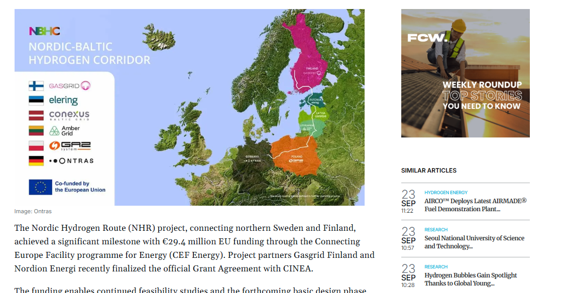 Nordic Hydrogen Route Secures €29.4M EU Grant for Sweden–Finland Hydrogen Pipeline Project