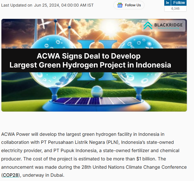 ACWA Power Signs Deal Worth More Than $1 Billion to Develop the Largest Green Hydrogen Project in Indonesia