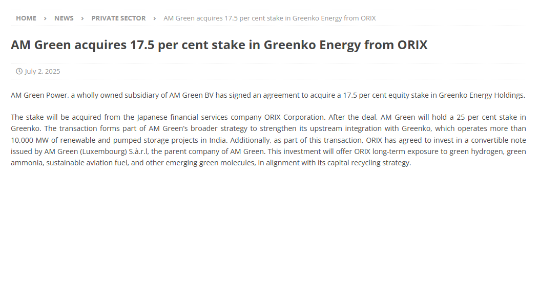 AM Green acquires 17.5 per cent stake in Greenko Energy from ORIX