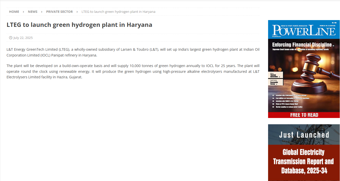 LTEG to launch green hydrogen plant in Haryana