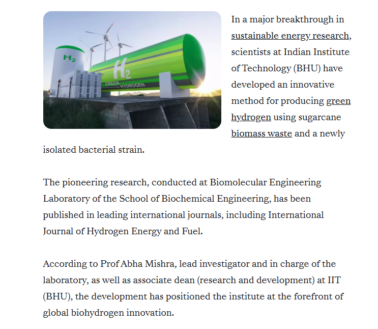 IIT-BHU scientists develop green hydrogen from sugarcane waste