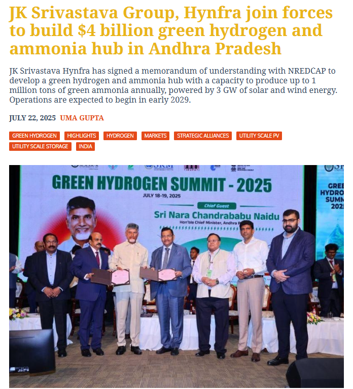 JK Srivastava Group, Hynfra join forces to build $4 billion green hydrogen and ammonia hub in Andhra Pradesh