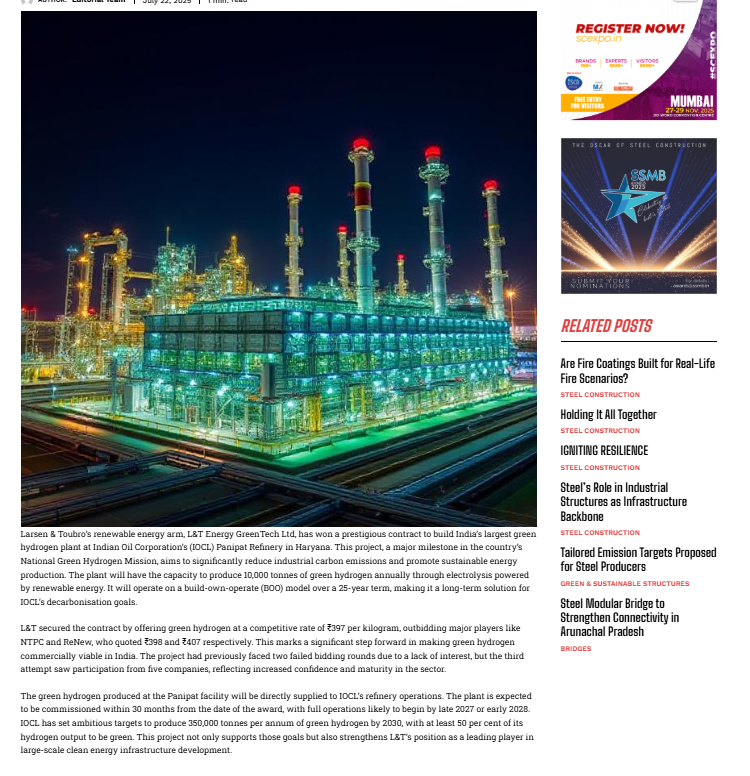 L&amp;T to Build India’s Largest Green Hydrogen Plant at Panipat Refinery