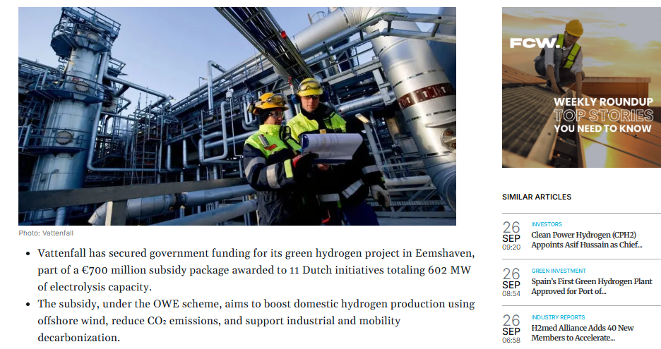 Vattenfall Wins Dutch Government Subsidy for Green Hydrogen Production in Eemshaven