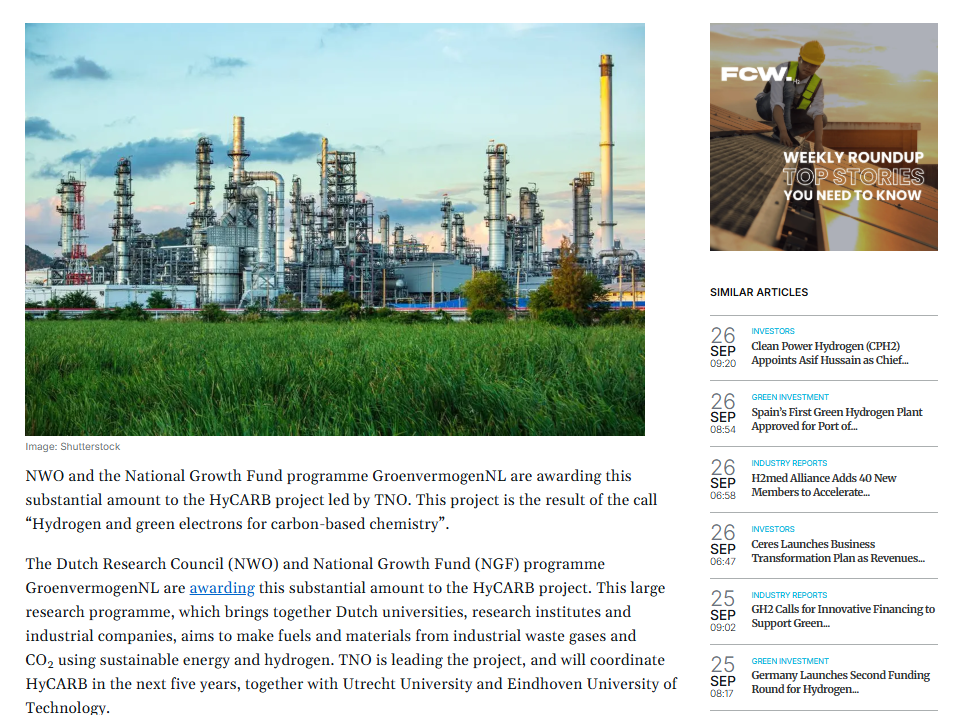 HyCarb Secures €45M to Develop Green Hydrogen Solutions for Sustainable Chemical Industry