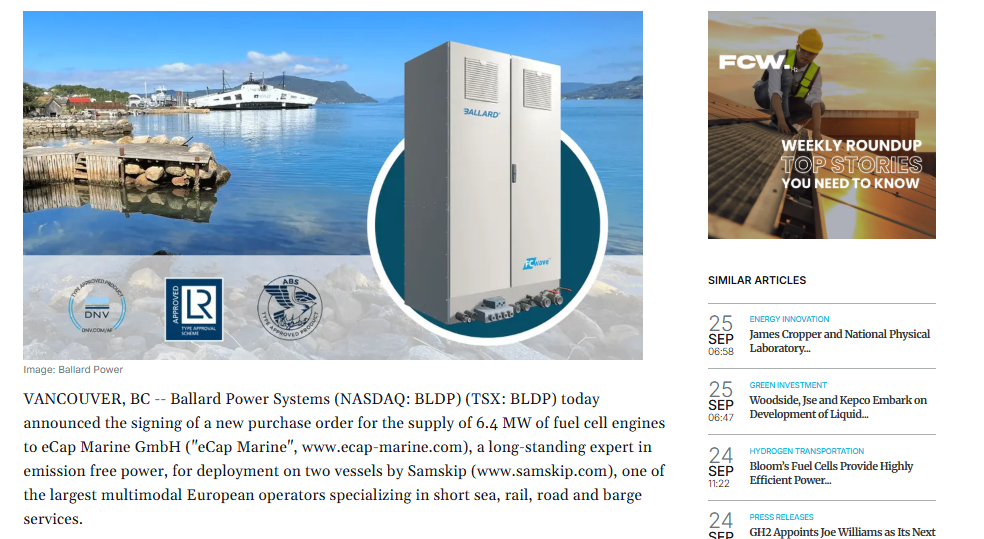 Ballard Secures Record 6.4 MW Marine Fuel Cell Order for Samskip Hydrogen Vessels