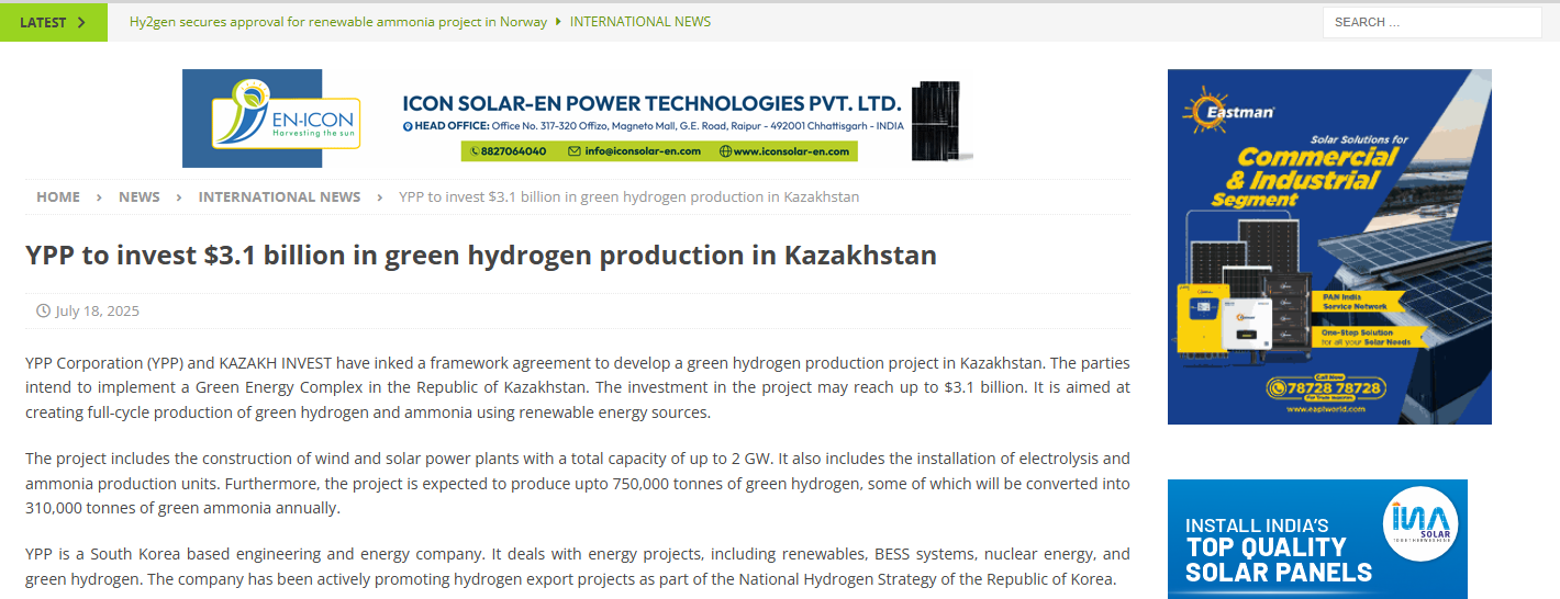 YPP to invest $3.1 billion in green hydrogen production in Kazakhstan