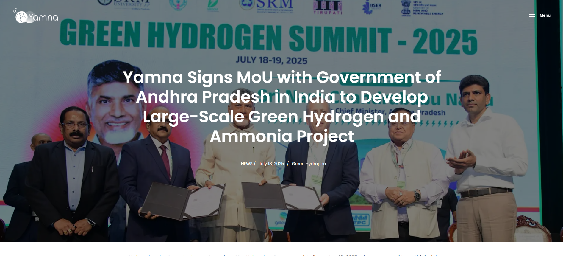Yamna Signs MoU with Government of Andhra Pradesh in India to Develop Large-Scale Green Hydrogen and Ammonia Project