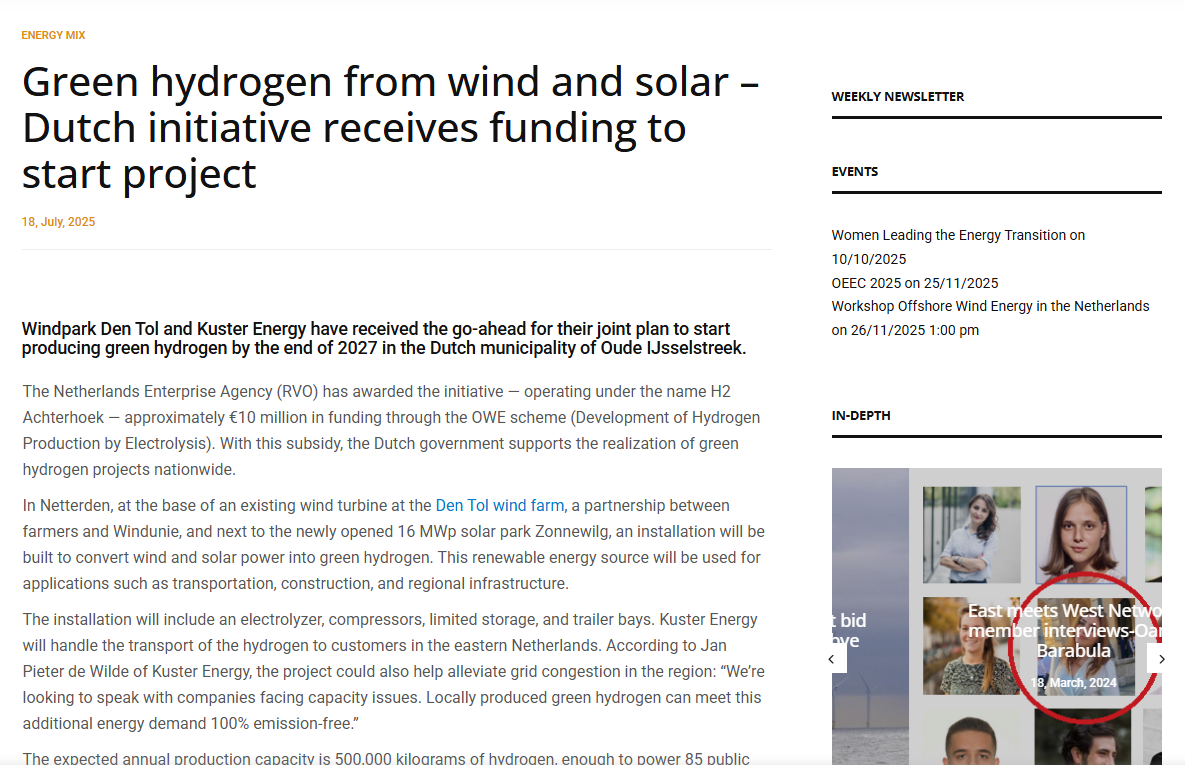 Green hydrogen from wind and solar – Dutch initiative receives funding to start project
