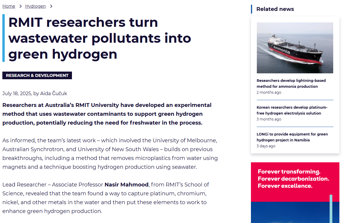 RMIT researchers turn wastewater pollutants into green hydrogen