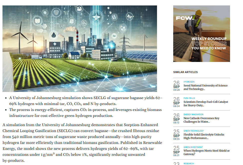 SECLG Breakthrough Turns Sugarcane Waste Into High-Purity Green Hydrogen with Low Tar Emissions