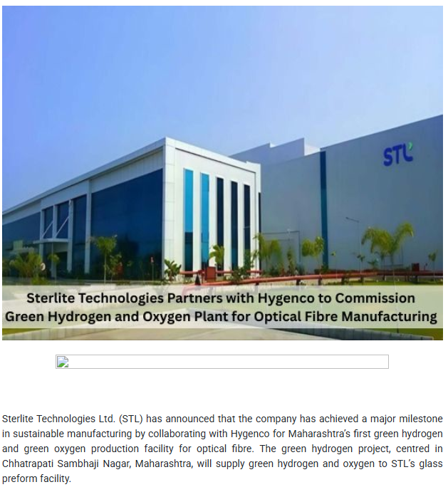 STL Collaborates with Hygenco to Commission Green Hydrogen Plant for Optical Fibre Manufacturing