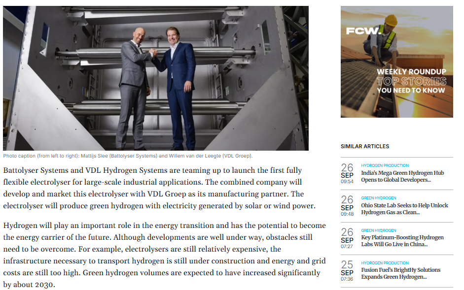 Battolyser and VDL Hydrogen Teaming up to Launch the First Fully Flexible Electrolyser for Large-Scale Industrial Applications