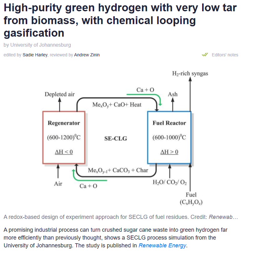 High-purity green hydrogen with very low tar from biomass, with chemical looping gasification