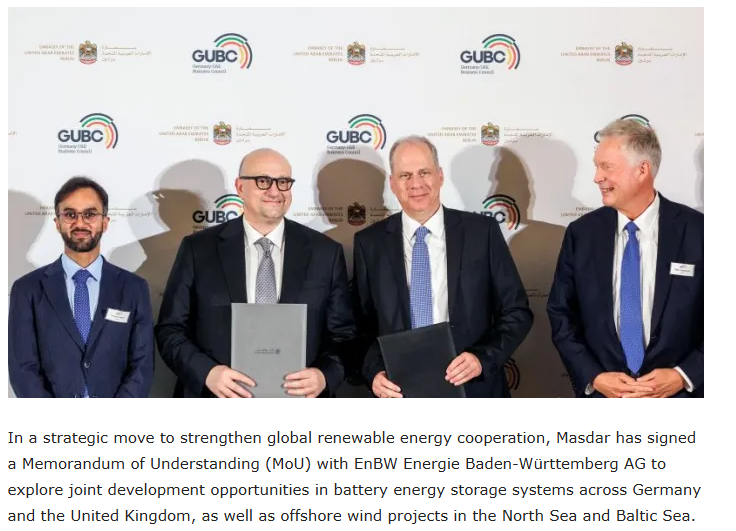 Masdar and EnBW Sign Strategic MoU to Explore Energy Storage and Green Hydrogen Projects Across Europe