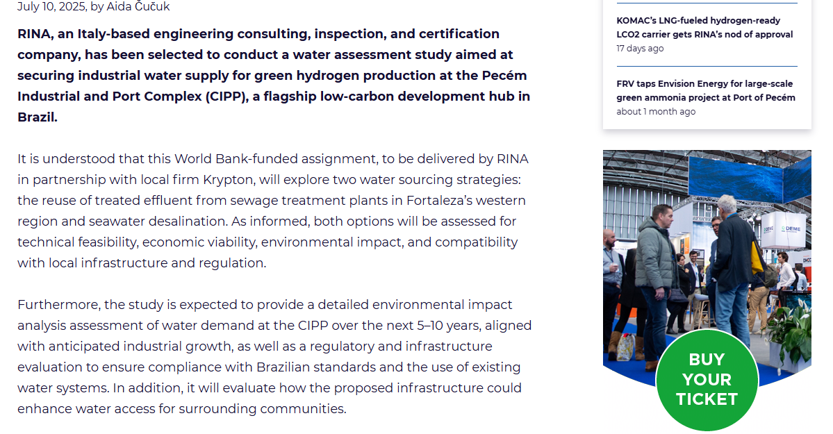 New water assessment study to support green hydrogen production at Port of Pecém