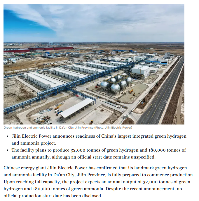 China’s Jilin Electric Power Prepares to Produce 32,000 Tons of Green Hydrogen and 180,000 Tons of Ammonia Annually