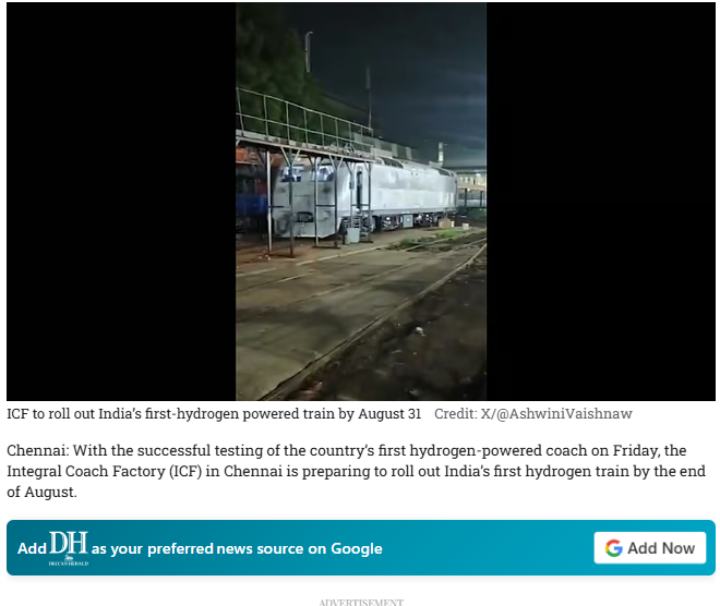 ICF to roll out India’s first-hydrogen powered train by August 31