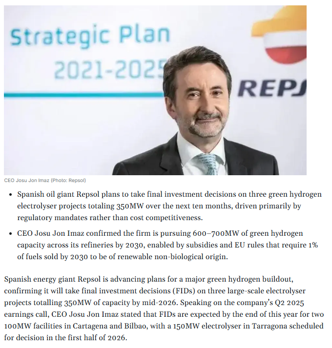 Repsol Eyes Final Investment Decisions on 350MW of Green Hydrogen Projects by Mid-2026