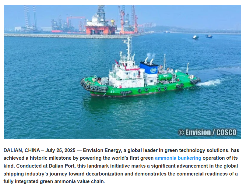 Envision Energy Powers World’s First Certified Green Ammonia Bunkering