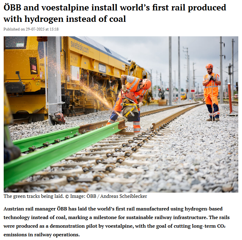 ÖBB and voestalpine install world’s first rail produced with hydrogen instead of coal