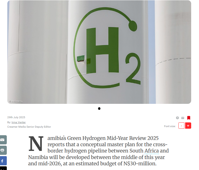 Masterplan development on the cards for Namibia–Western Cape hydrogen pipeline