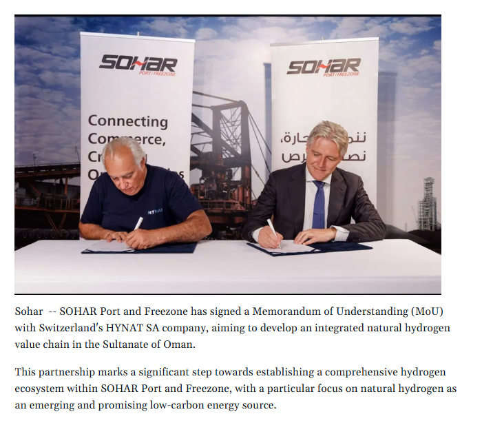 SOHAR Port and Freezone Signs MoU to Develop Natural Hydrogen Value Chain in Oman